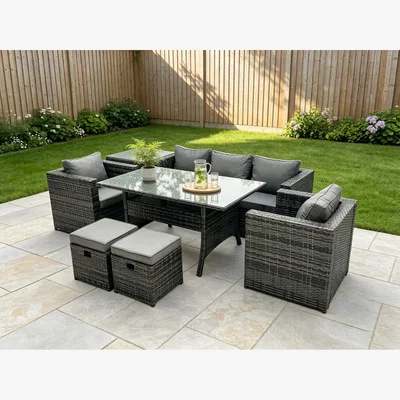 The Range Fimous 7-Seater Rattan Lounge Sofa Set with Dining Table, Side Table - Dark Grey