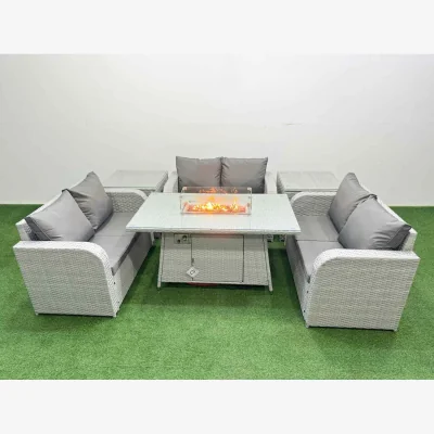 The Range Fimous 6-Seater PE Rattan Sofa Set with Firepit Dining Table Light Grey - Light Grey
