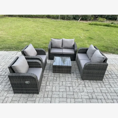 The Range Fimous 6-Seater Rattan Sofa Set with Recliners and Dark Grey Glass Table - Dark grey mixed rattan with dark grey fabric