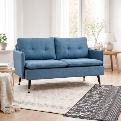 The Range Mado 2-Seater Sofa Dark Blue Button Tufted with Cushions and Steel Legs