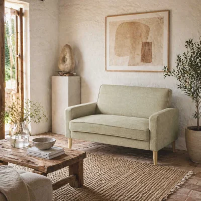 The Range Vikava Beige Velvet Two-Seater Sofa - Natural Wooden Legs