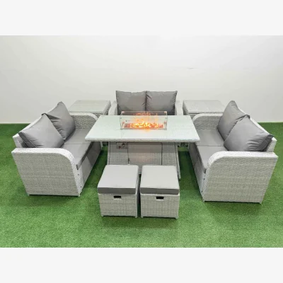 The Range Fimous 8-Seater PE Rattan Sofa Set with Firepit Dining Table Light Grey - Light Grey