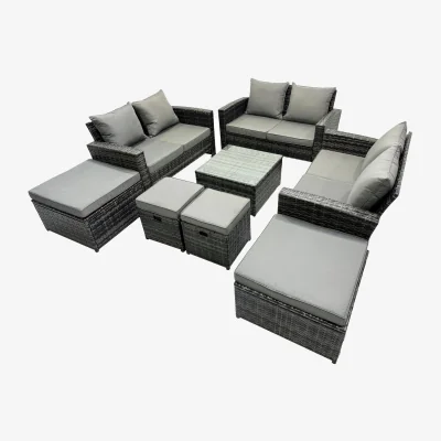 The Range Fimous PE Rattan 3x 2-Seater Sofa Set with Table & 4 Stools, Dark Grey Mixed - Dark Grey Mixed