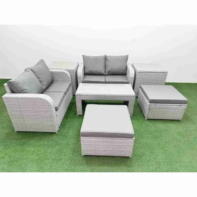 The Range Fimous 6-Seater PE Rattan Sofa Set with Tempered Glass Table, 2 Footstools and 2 Side Tables - Light Grey