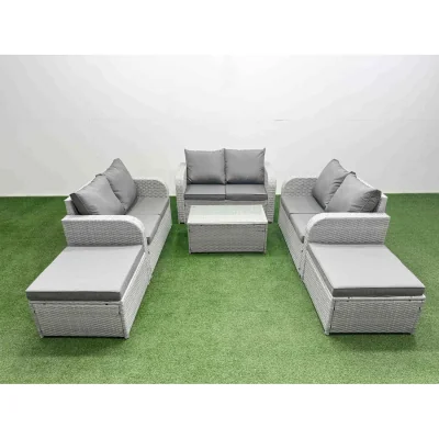 The Range Fimous 8 Seater PE Wicker Rattan Sofa Set with Tempered Glass Coffee Table, Light Grey. - Light Grey