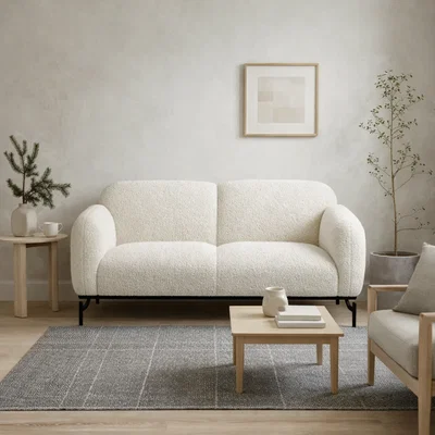 The Range Wyld Haus Samba 2-Seater White Sherpa Bouclé Sofa with Matte Black Legs - White