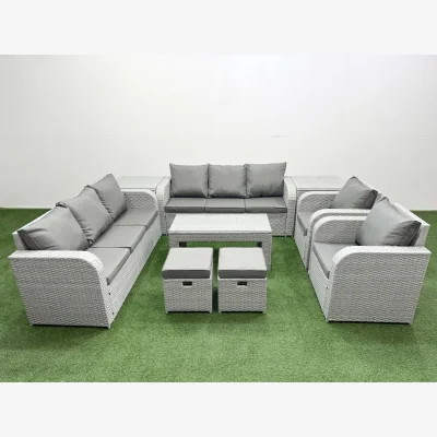 The Range Fimous PE Rattan 10-Seat Patio Sofa Set with Recliners and Glass Table Grey - Light grey rattan with dark grey fabric