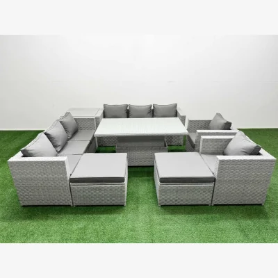 The Range Fimous 8-Piece Rising Dining Rattan Furniture Set with 3-Seater Sofas Light Grey - Light grey mixed rattan with dark grey fabric