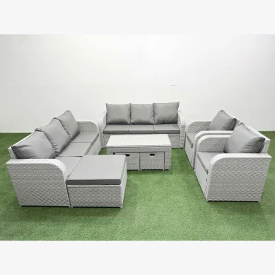 The Range Fimous PE Rattan Patio Sofa Set with Reclining Chairs, Table & Stools Light Grey - Light grey mixed rattan with dark grey fabric
