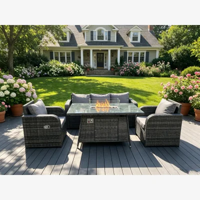 The Range Rattan 5 Seater Gas Fire Pit Sofa Set Reclining Chairs - Dark Grey Mixed