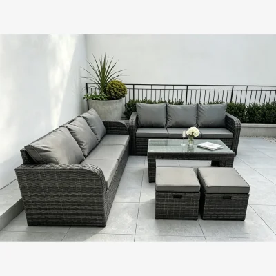 The Range Fimous 8-Seater High-Back Rattan Lounge Sofa Set with Stools - Dark Grey