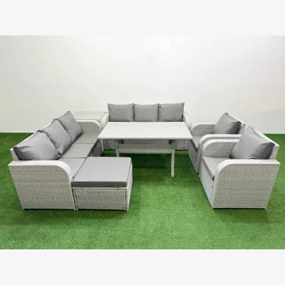 The Range Fimous PE Rattan High-Back Lounge & Dining Sofa Set, Light Grey. - Light grey PE rattan with dark grey fabric
