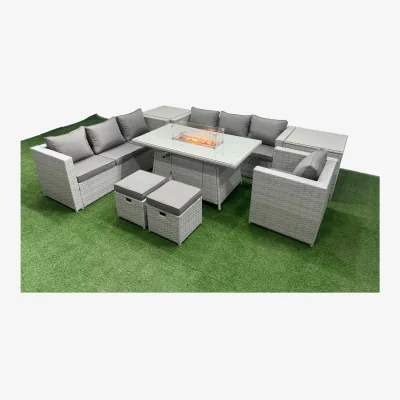 The Range Fimous 9 Seat PE Rattan Lounge Sofa Set with Firepit Dining Table Light Grey. - Light Grey