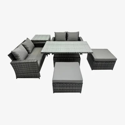 The Range Fimous 6-Seat Rattan Sofa Set with Lift Dining Table & 2 Stools, Dark Grey - Dark Grey Mixed