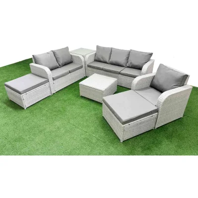 The Range Fimous 8-Seater PE Rattan Patio Sofa Set with Reclining Chairs and Tempered Glass Table. - Light Grey