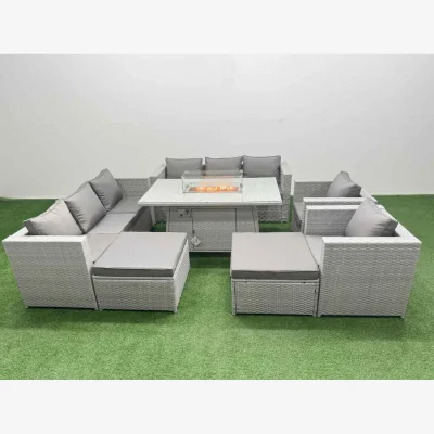 The Range Fimous 10-Seat PE Rattan Lounge Sofa Set with Fire Pit Table, Light Grey. - Light Grey