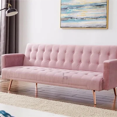 The Range Plush Velvet Sofa Bed In Blue Green Grey or Pink With Gold Metal Legs - Pink