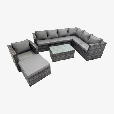 The Range Fimous Patio L-Shaped 8-Seater Rattan Sofa Set with Coffee Table and Large Footstool Dark Grey - Dark Grey