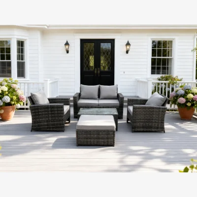 The Range 5 Seater High Back Rattan Sofa Set Rectangular Coffee Table - Dark Grey Mixed