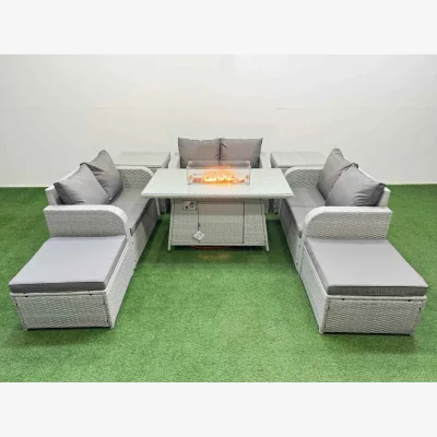 The Range Fimous 8 Seater PE Wicker Rattan Sofa Set with Firepit Dining Table Light Grey - Light Grey