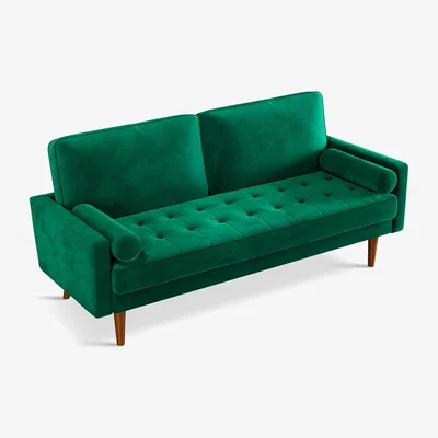 The Range Velvet 3-Seater Sofa with Square Armrests and Pillows - Green