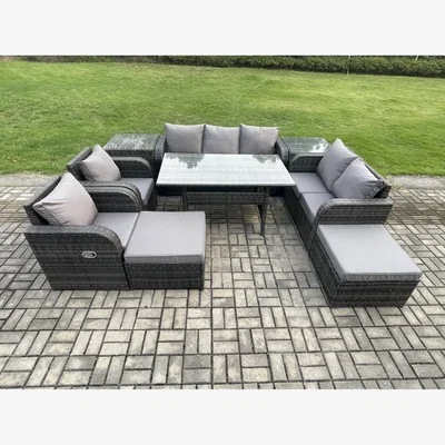 The Range Fimous 9-Seater Rattan Dining Sofa Set with 2 Reclining Chairs - Dark Grey