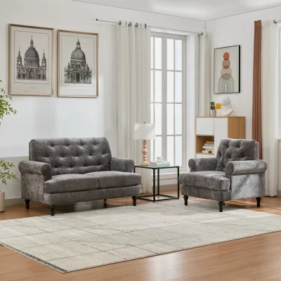 The Range Mid Century Modern Couch Set with Button Tufted - Grey