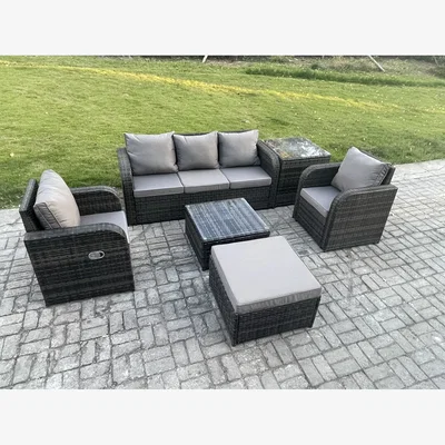The Range Fimous 6-Seater Wicker Rattan Patio Sofa Set with Reclining Chairs and Footstool. - Dark Grey Mixed