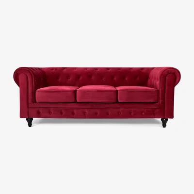The Range Chesterfield Scroll Arm Velvet Sofa - Wine / 3