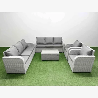The Range Fimous PE Rattan 5-Piece High-Back Patio Sofa Set with Coffee Table and Reclining Chairs Light Grey. - Light Grey