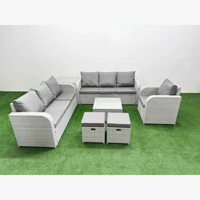 The Range Fimous 9-Seater Poly Rattan Patio Sofa Set with Reclining Chairs and Tempered Glass Table Light Grey - Light Grey with Dark Grey Fabric