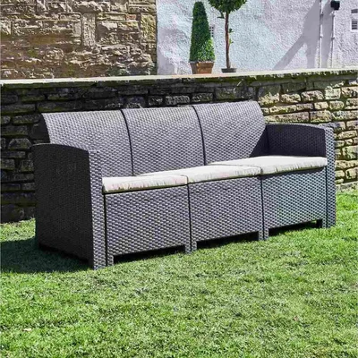 The Range Marbella 3-Seater Rattan Effect Sofa in Graphite with Cream Cushions - Dark Grey