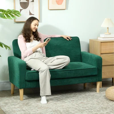 The Range HOMCOM Velvet-Feel 2 Seater Sofa with Rubber Wood Legs  - Green