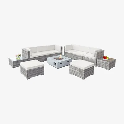 The Range Trinidad Rattan 8 Seat Sofa Set with GRC Firepit - White Cushions