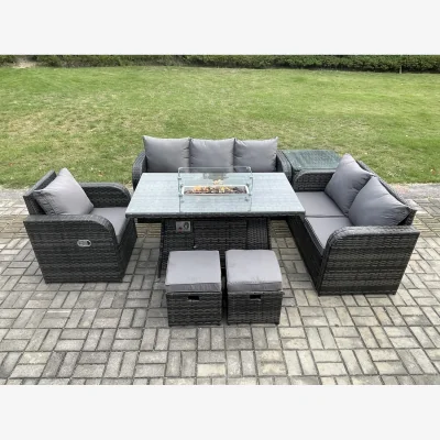 The Range Fimous Dark Grey Rattan Patio Sofa Set with Gas Fire Pit Table, Side Table and Footstools. - Dark Grey