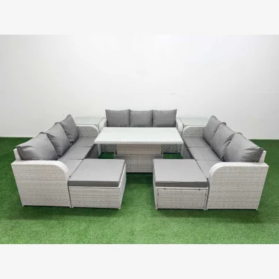 The Range Fimous 11-Seater PE Rattan Lounge Sofa Set with Adjustable Lifting Table, Light Grey. - Light Grey