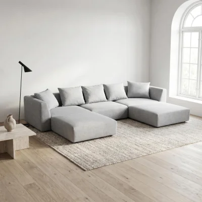 The Range Tokyo U-Shape Modular Sofa in Light Grey Brushed Tweed Fabric with Deep Seat - Light Grey