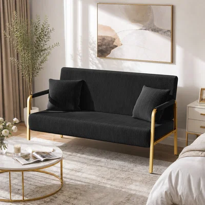 The Range Yaheetech Corduroy 2-Seater Sofa with Gold Metal Frame - Black