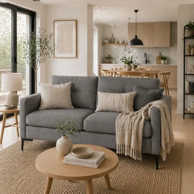 The Range Malala Minimalist Grey Upholstered 2-Seater Sofa with Steel Legs