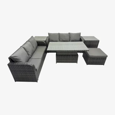 The Range Fimous 7-Seater PE Rattan Patio Sofa Set with Rising Dining Table and 2 Side Tables Dark Grey Mixed - Dark Grey Mixed