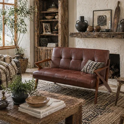 The Range Kara Faux Leather Brown Compact 2-Seater Sofa with Tufted Back