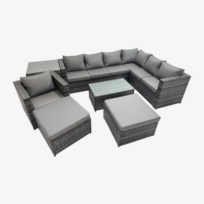 The Range Fimous 9-Seater L-Shaped PE Rattan Patio Sofa Set Dark Grey - Dark grey mixed PE Rattan