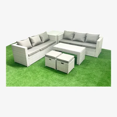 The Range Fimous 8-Seater Rattan Sofa Set with Coffee Table & 2 Stools, Light Grey Mixed - Light Grey Mixed