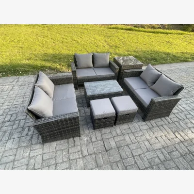 The Range Fimous 7pc Rattan Patio Sofa Set with Side Table and Footstools Dark Grey Mixed - Dark grey mixed rattan with dark grey fabric