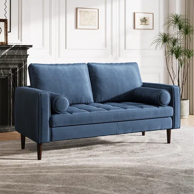 The Range 2-Seat Velvet Sofa with Bolster Pillows - Navy Blue