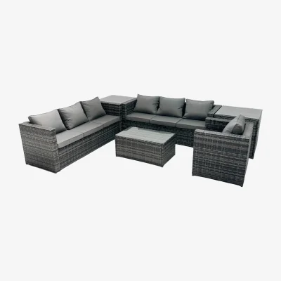 The Range Fimous Rattan 7-Seater Patio Sofa Set with 2 Side Tables and Rectangular Coffee Table. - Dark Grey Mixed