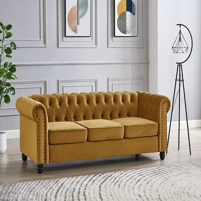 The Range Chester Velvet Sofa Suite Stud Design Wooden Feet - Gold Velvet / 3