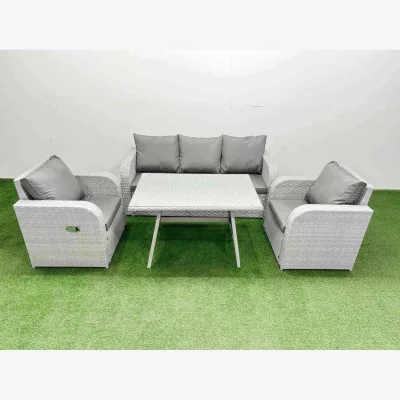 The Range Fimous 7-Seater Reclining PE Rattan Sofa Set with Rectangular Dining Table Light Grey - Light grey rattan + dark grey fabric