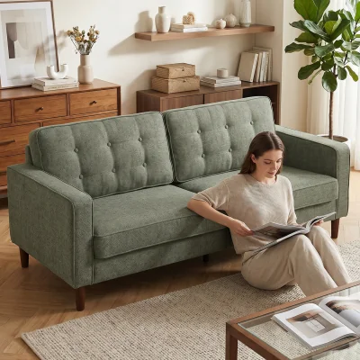 The Range HOMCOM 3 Seater Sofa with Button Tufting Wood Legs - Green