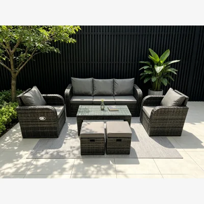The Range Fimous 7-Seater Rattan Lounge Sofa Set with Coffee Table & Stools - Dark Grey